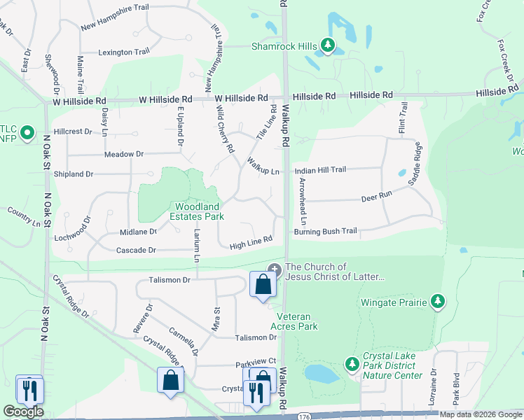 map of restaurants, bars, coffee shops, grocery stores, and more near 6312 Redbird Lane in Crystal Lake