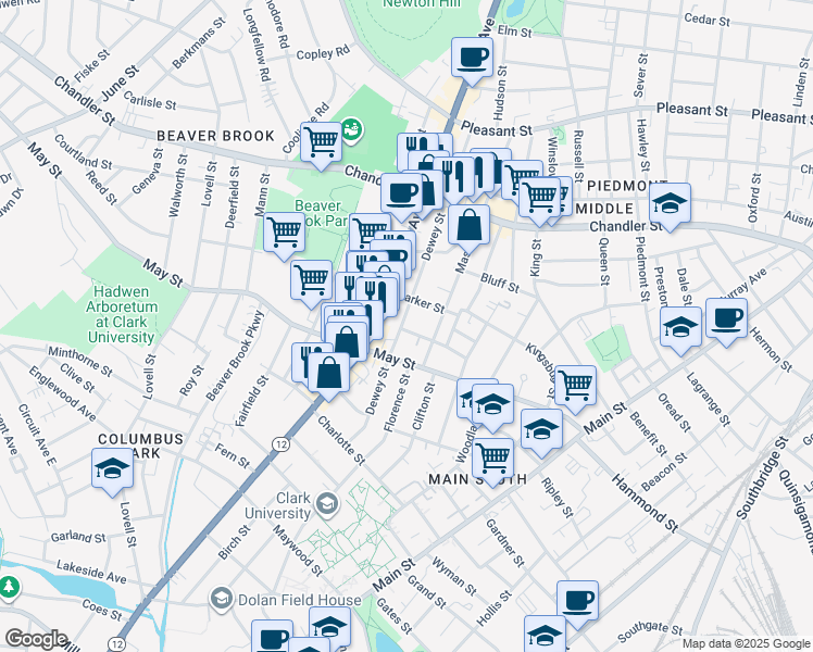 map of restaurants, bars, coffee shops, grocery stores, and more near 128 Dewey Street in Worcester