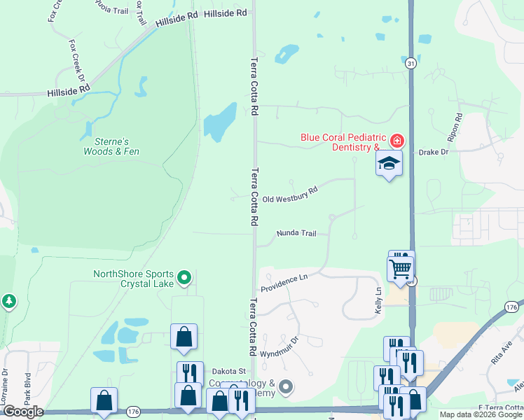 map of restaurants, bars, coffee shops, grocery stores, and more near 657 Old Westbury Road in Crystal Lake