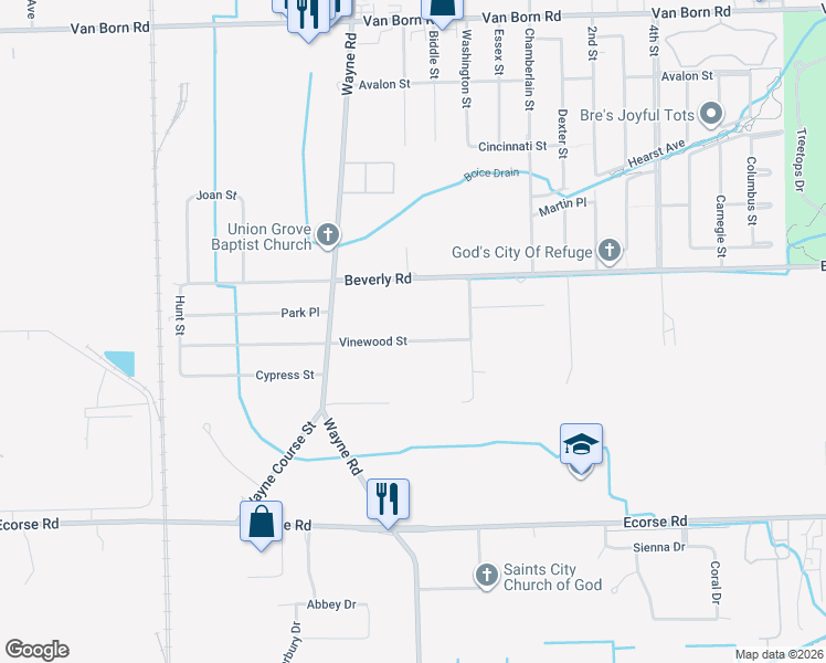 map of restaurants, bars, coffee shops, grocery stores, and more near 35374 Vinewood Street in Romulus