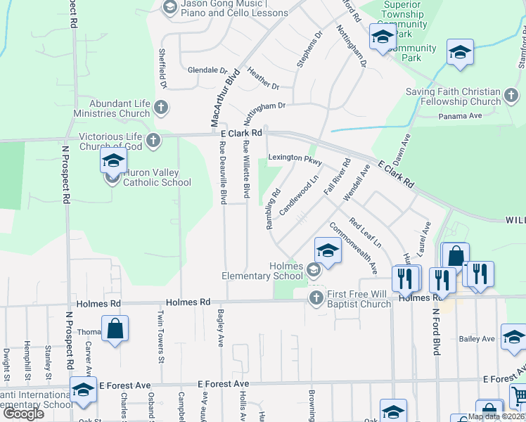 map of restaurants, bars, coffee shops, grocery stores, and more near 1256 Rambling Road in Ypsilanti