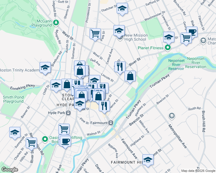 map of restaurants, bars, coffee shops, grocery stores, and more near 1117 River Street in Boston