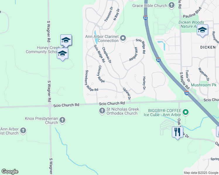 map of restaurants, bars, coffee shops, grocery stores, and more near 1872 Chicory Ridge in Ann Arbor