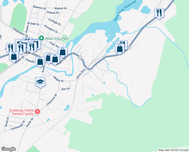 map of restaurants, bars, coffee shops, grocery stores, and more near 18 Maple Avenue in Ware
