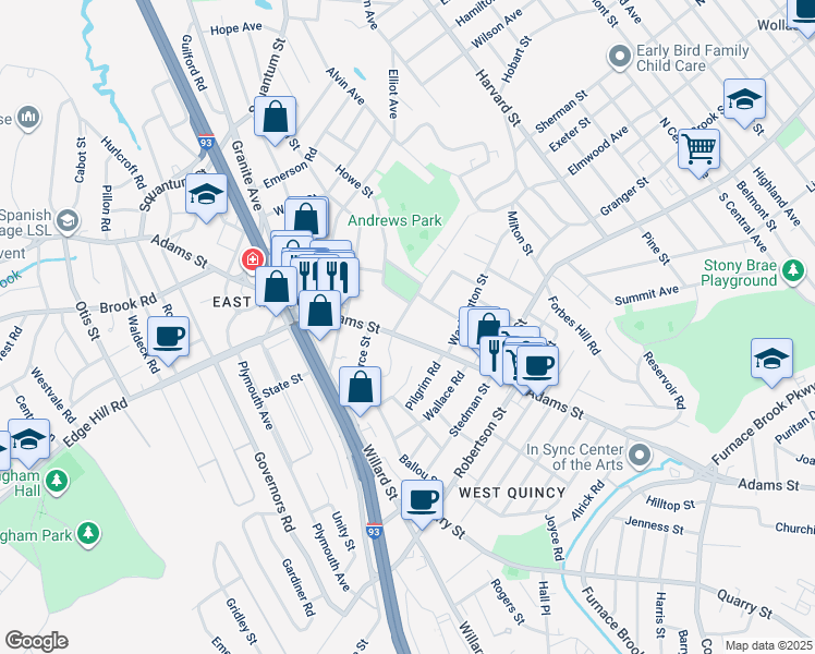 map of restaurants, bars, coffee shops, grocery stores, and more near 19 Granite Place in Milton