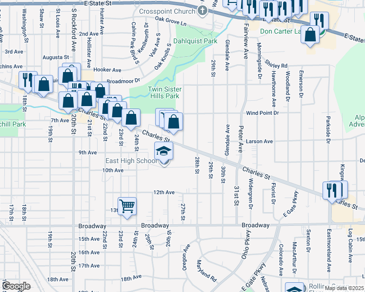 map of restaurants, bars, coffee shops, grocery stores, and more near 3101 Charles Street in Rockford