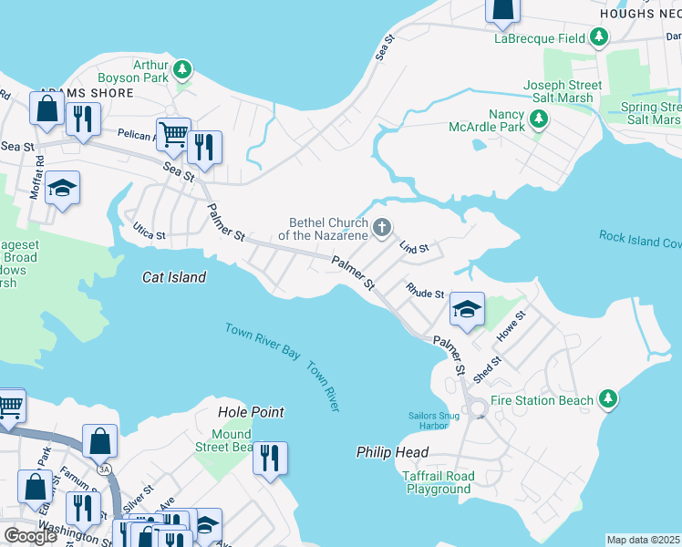 map of restaurants, bars, coffee shops, grocery stores, and more near 167 Palmer Street in Quincy