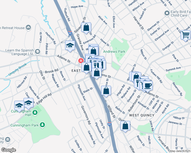 map of restaurants, bars, coffee shops, grocery stores, and more near 538 Adams Street in Milton