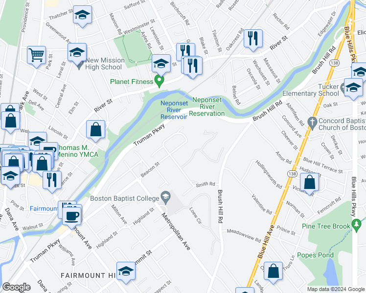 map of restaurants, bars, coffee shops, grocery stores, and more near 188 Beacon Street in Milton