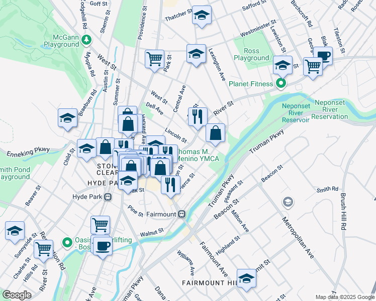 map of restaurants, bars, coffee shops, grocery stores, and more near 1082 River Street in Boston