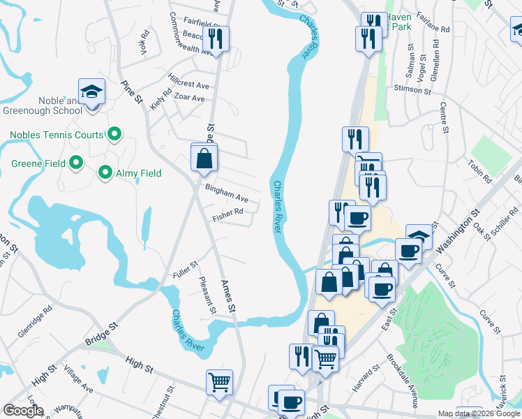 map of restaurants, bars, coffee shops, grocery stores, and more near 78 Bingham Avenue in Dedham