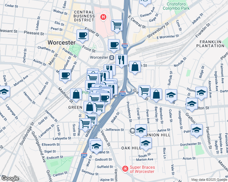 map of restaurants, bars, coffee shops, grocery stores, and more near 39 Water Street in Worcester