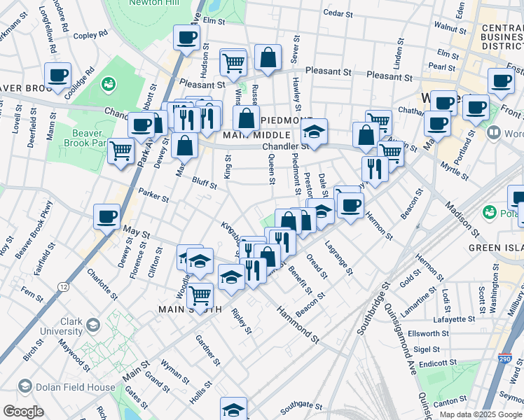 map of restaurants, bars, coffee shops, grocery stores, and more near in Worcester