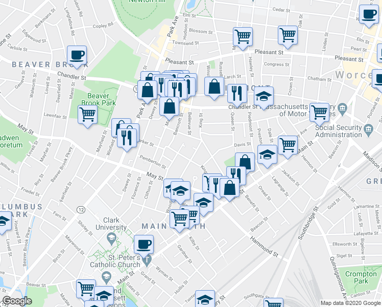 map of restaurants, bars, coffee shops, grocery stores, and more near 14 Woodland Street in Worcester