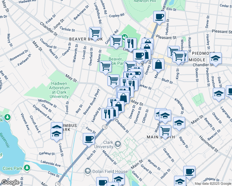 map of restaurants, bars, coffee shops, grocery stores, and more near 123 Mayfield Street in Worcester