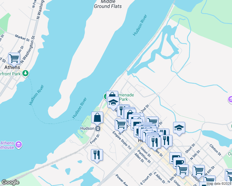 map of restaurants, bars, coffee shops, grocery stores, and more near 68 State Street in Hudson