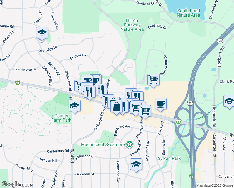 map of restaurants, bars, coffee shops, grocery stores, and more near 2009 Huron Parkway in Ann Arbor