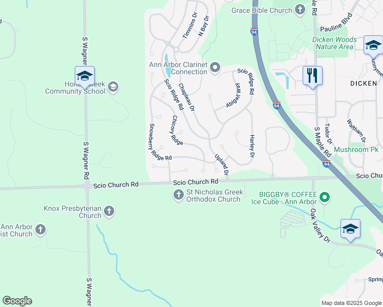 map of restaurants, bars, coffee shops, grocery stores, and more near 1872 Chicory Ridge in Ann Arbor