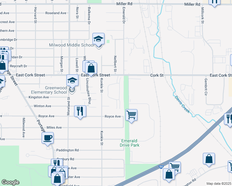 map of restaurants, bars, coffee shops, grocery stores, and more near 2276 East Cork Street in Kalamazoo