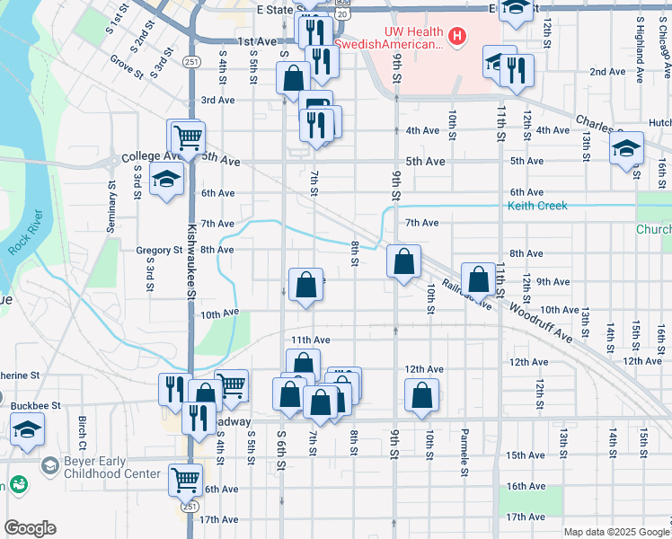 map of restaurants, bars, coffee shops, grocery stores, and more near 904 7th Street in Rockford