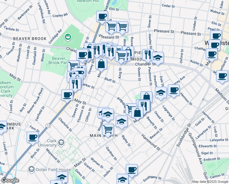 map of restaurants, bars, coffee shops, grocery stores, and more near 20 Woodland Street in Worcester