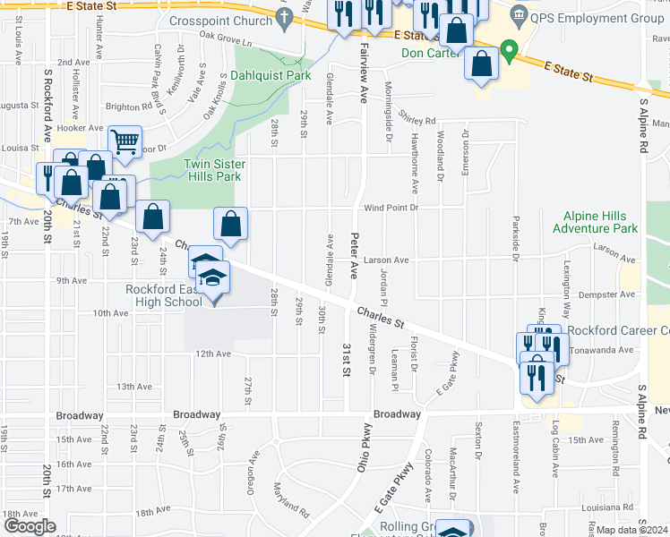 map of restaurants, bars, coffee shops, grocery stores, and more near 908 Glendale Avenue in Rockford