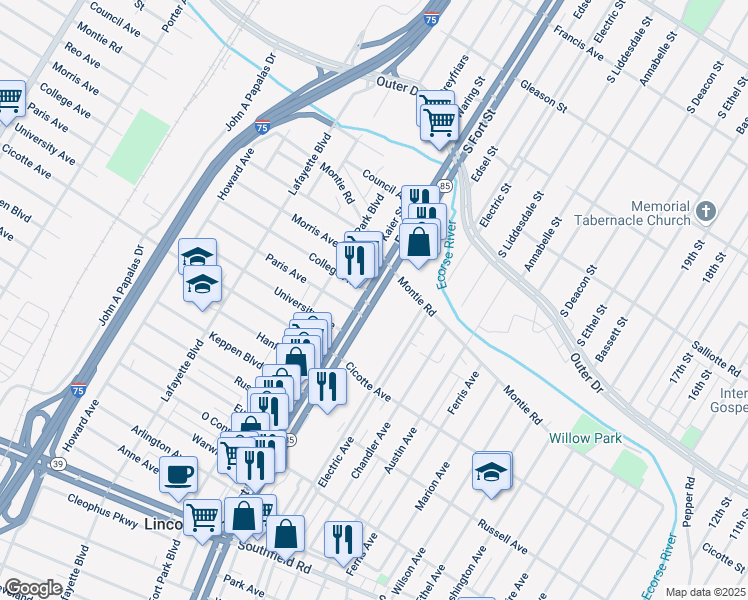 map of restaurants, bars, coffee shops, grocery stores, and more near 1201 Fort Street in Lincoln Park