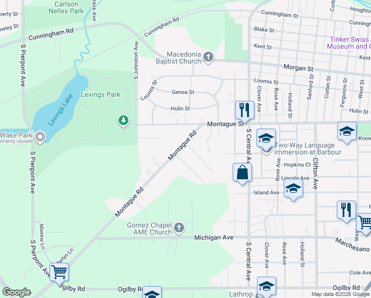 map of restaurants, bars, coffee shops, grocery stores, and more near 1632 Montague Road in Rockford