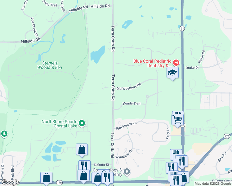 map of restaurants, bars, coffee shops, grocery stores, and more near 657 Old Westbury Road in Crystal Lake