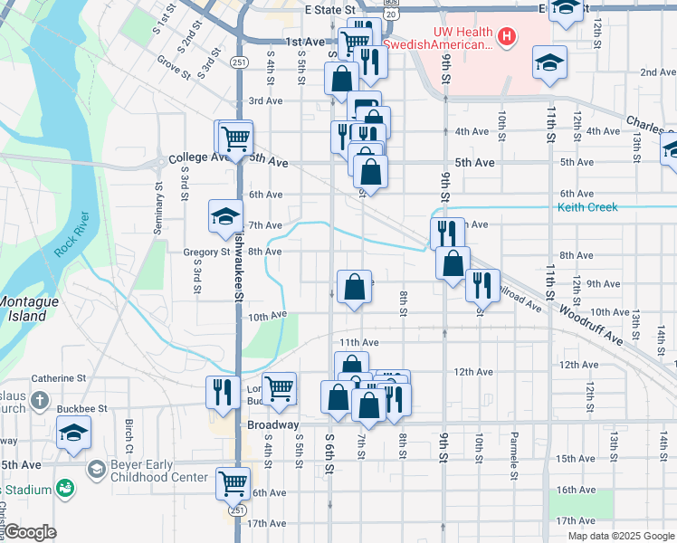 map of restaurants, bars, coffee shops, grocery stores, and more near 922 South 6th Street in Rockford