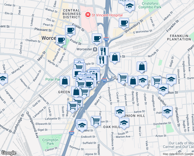 map of restaurants, bars, coffee shops, grocery stores, and more near 48 Water Street in Worcester