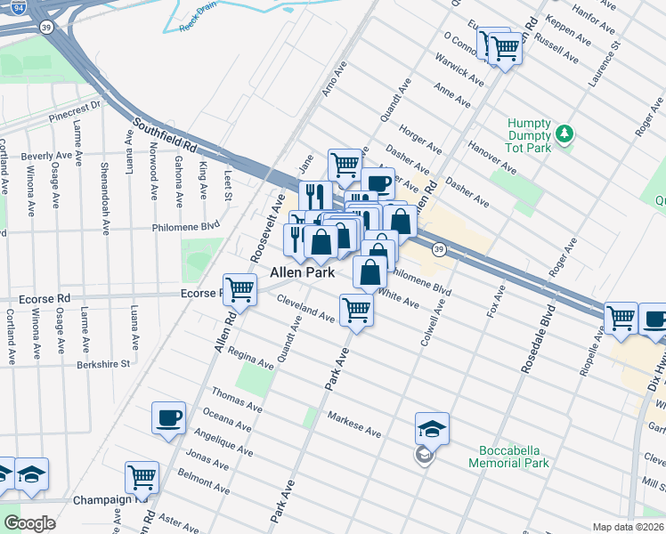 map of restaurants, bars, coffee shops, grocery stores, and more near 6645 Allen Road in Allen Park