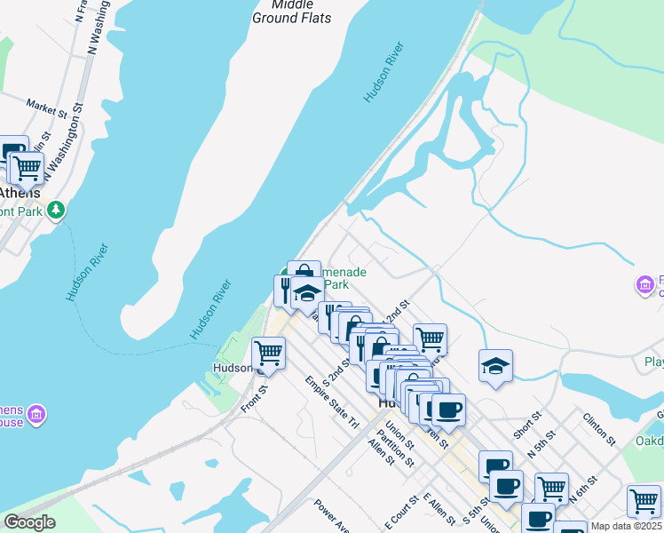 map of restaurants, bars, coffee shops, grocery stores, and more near 68 State Street in Hudson