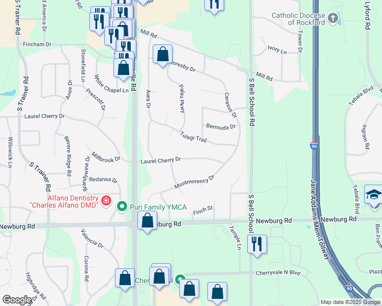 map of restaurants, bars, coffee shops, grocery stores, and more near 7248 Laurel Cherry Drive in Rockford