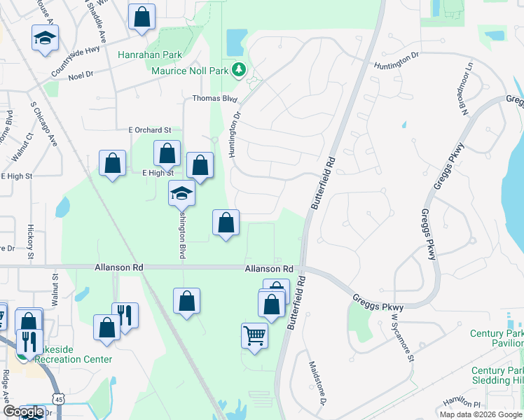 map of restaurants, bars, coffee shops, grocery stores, and more near 1221 Ballantrae Place in Mundelein