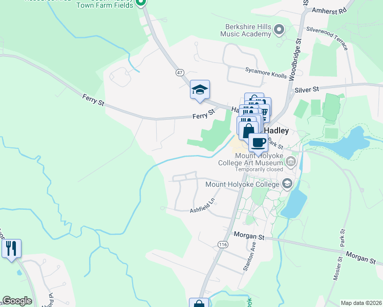 map of restaurants, bars, coffee shops, grocery stores, and more near 1A Hadley Street in South Hadley
