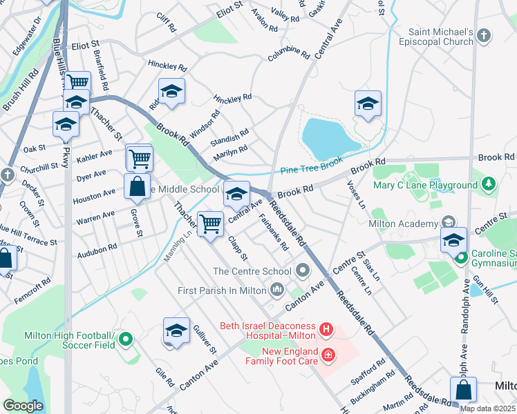 map of restaurants, bars, coffee shops, grocery stores, and more near 434 Central Avenue in Milton