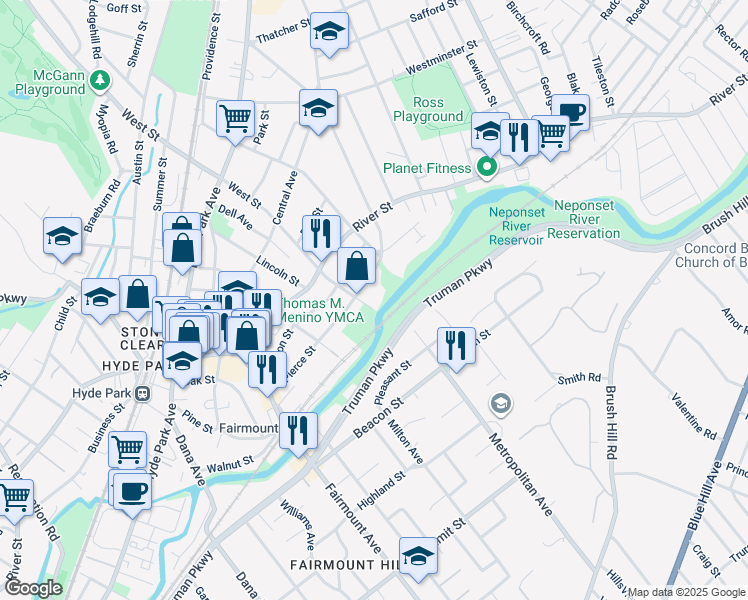 map of restaurants, bars, coffee shops, grocery stores, and more near 1 West Street in Boston