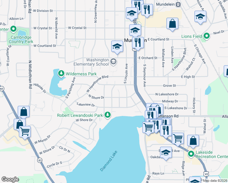 map of restaurants, bars, coffee shops, grocery stores, and more near 321 Southwest Garfield Avenue in Mundelein