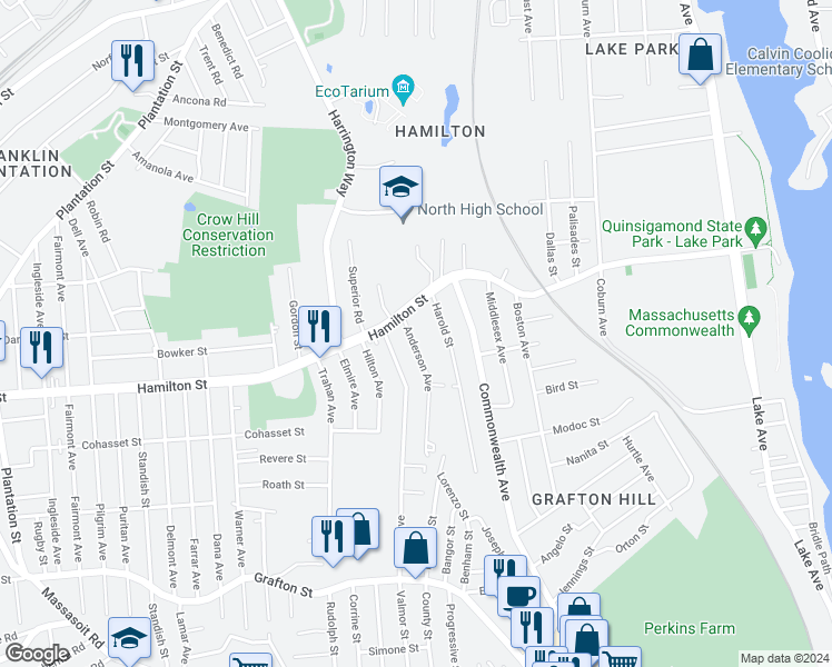 map of restaurants, bars, coffee shops, grocery stores, and more near 5 Anderson Avenue in Worcester