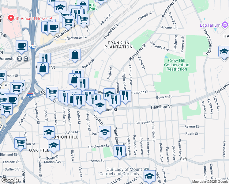 map of restaurants, bars, coffee shops, grocery stores, and more near 3 Dartmouth Street in Worcester