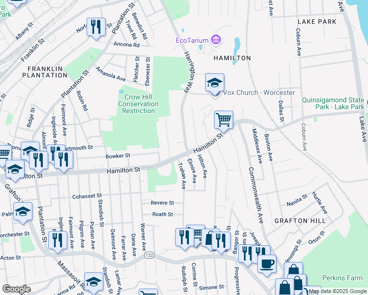 map of restaurants, bars, coffee shops, grocery stores, and more near 1 Harrington Way in Worcester