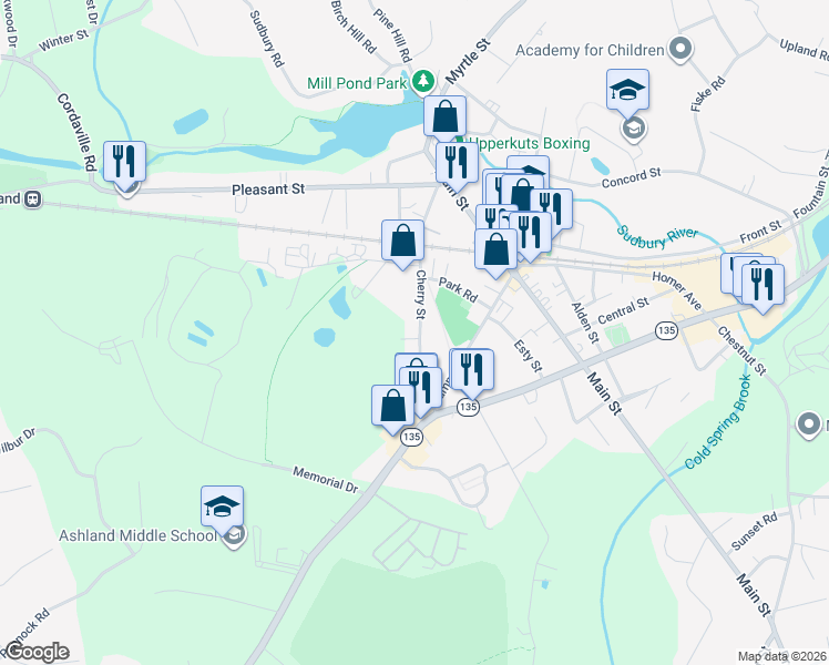 map of restaurants, bars, coffee shops, grocery stores, and more near 151 Cherry Street in Ashland