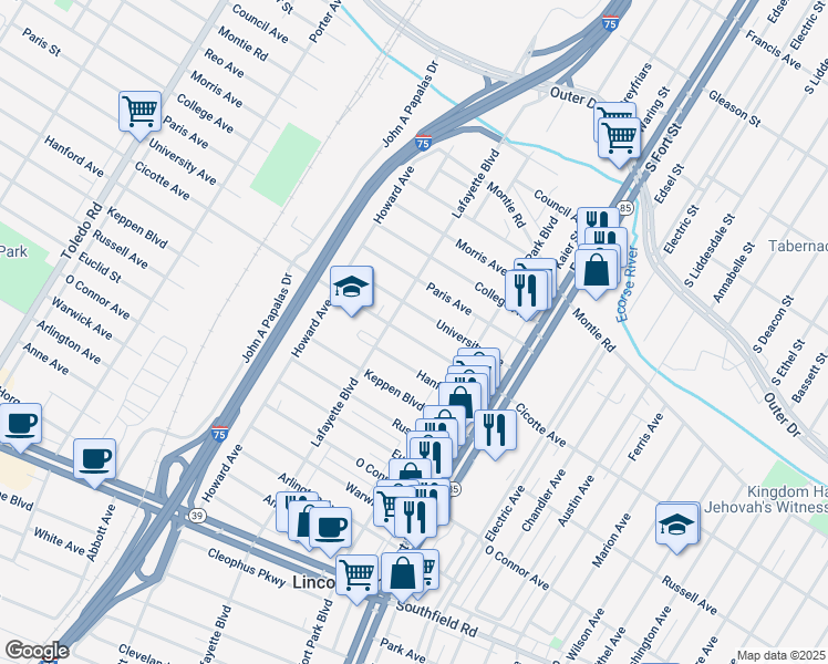 map of restaurants, bars, coffee shops, grocery stores, and more near 1458 Cicotte Avenue in Lincoln Park
