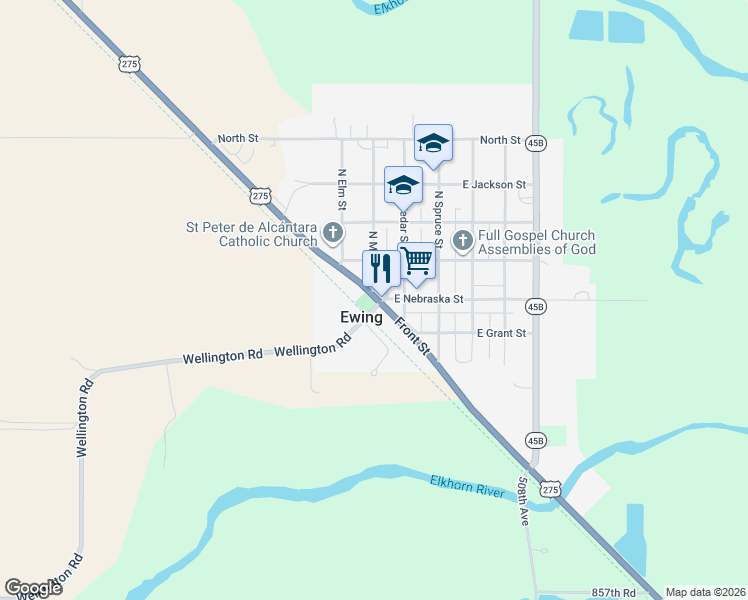 map of restaurants, bars, coffee shops, grocery stores, and more near 198 East Nebraska Street in Ewing