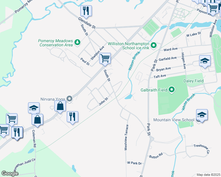 map of restaurants, bars, coffee shops, grocery stores, and more near 50 South Street in Easthampton