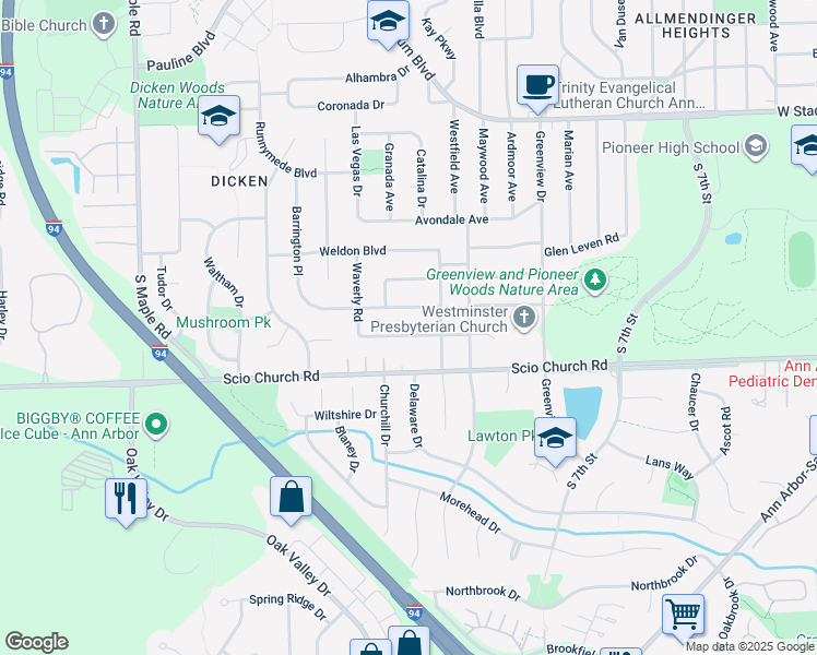 map of restaurants, bars, coffee shops, grocery stores, and more near 1726 Hanover Road in Ann Arbor