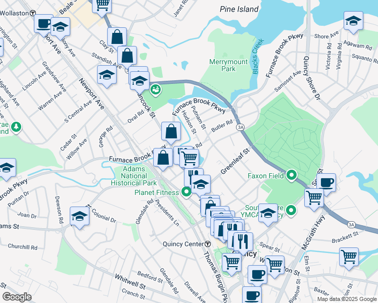 map of restaurants, bars, coffee shops, grocery stores, and more near 34 Butler Road in Quincy