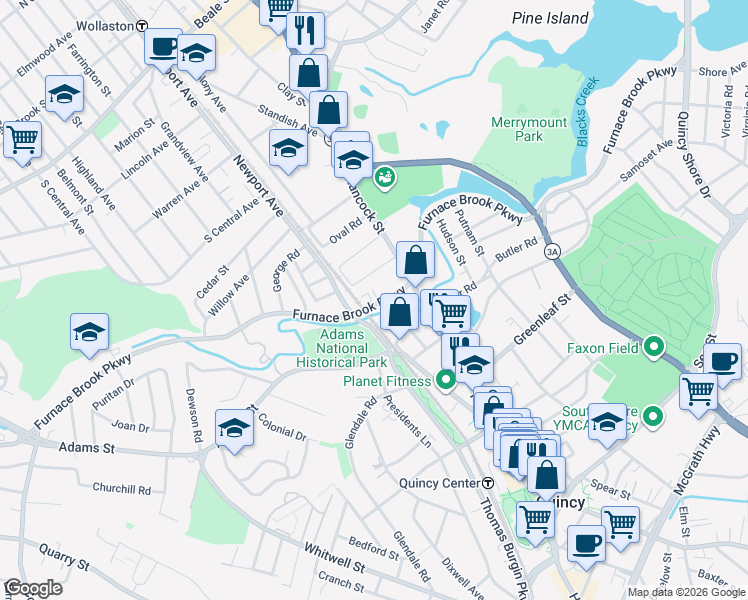 map of restaurants, bars, coffee shops, grocery stores, and more near 421 Furnace Brook Parkway in Quincy