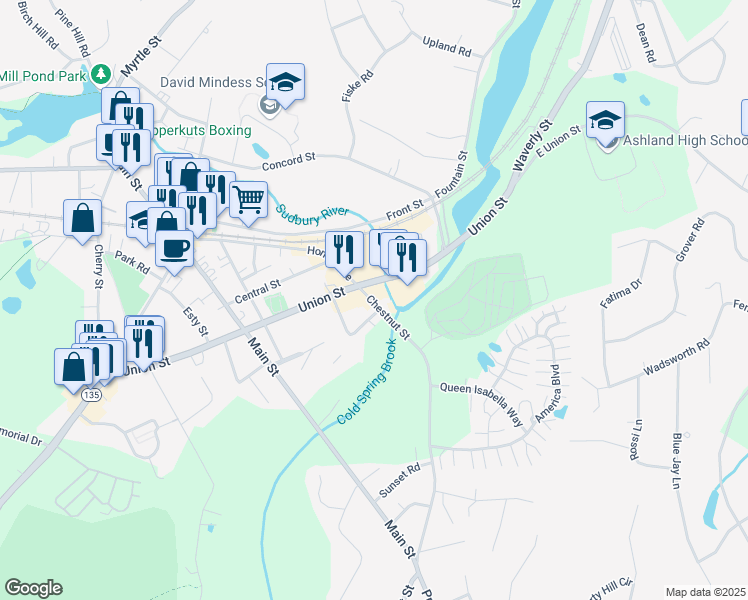 map of restaurants, bars, coffee shops, grocery stores, and more near 10-12 Chestnut Street in Ashland